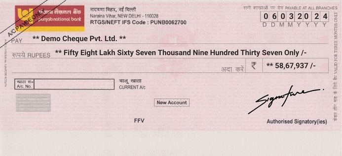 Sample bank cheque printed with Cheque Print software — payee, amount in words and figures perfectly aligned
